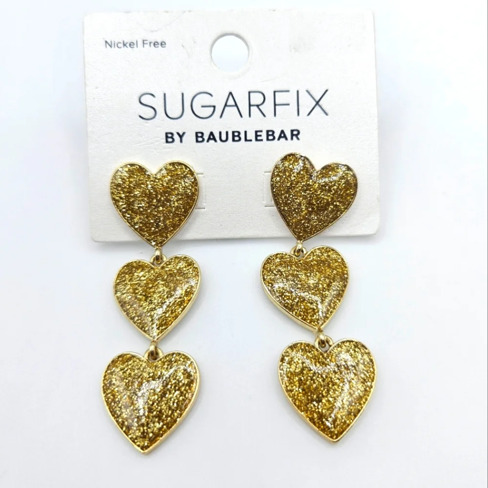Baublebar Sugarfix 3 Hearts Dangle Earrings Gold Glimmer Sparkle NWT